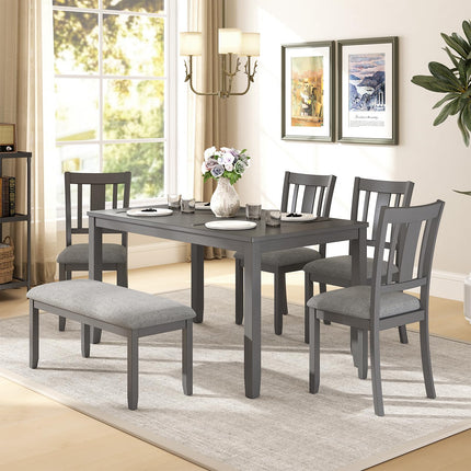 6-Piece Wooden Dining Table Set, Dining Table Set for 6, Including 1 Dining Table, 4 Upholstered Chairs and 1 Bench, Wooden Legs Dining Table, Table Set for Dining Room & Kitchen, Grey