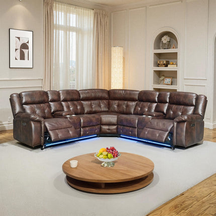 Power Leather Reclining Sofa with LED, Leather Couch with USB Port & Cup Holder/Storage Console for Living Room, Modern Power Recliner Sofa Sets with 2 Recliner Sectional, Brown