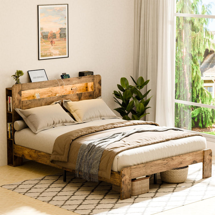 Full Size Bed Frame with LED Lights, Full Bed Frame with Headboard, Charging Station with 2 USB Ports & 2 AC Outlets, Sturdy Wood Framework, No Noise, Rustic Brown (Rectangular Slot)