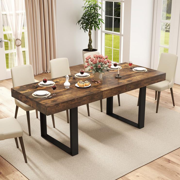 63"-78.7" Expandable Dining Table, 6-10 Farmhouse Kitchen Table, Extendable Dining Table, Rectangular Kitchen Table with Metal Track, Tapered U-Shaped Leg for Dining Room,Office-Rustic Brown