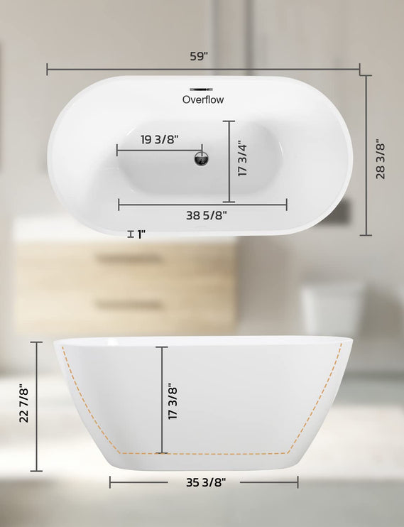 59 Inch Acrylic Freestanding Bathtub, Glossy White Contemporary Soaking Tub with Silver Toe-Tap Pop-Up Chrome Drain, Integrated Slotted Brushed Nickel Overflow, 55 Gal cUPC Certified Tub