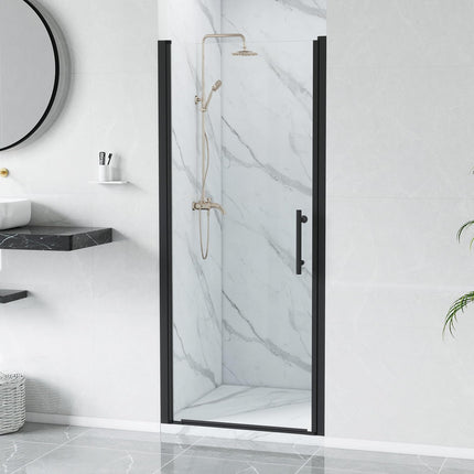 Adjustable 32-33.5" W x 75" H Semi-Frameless Pivot Shower Door, 1/4" (6mm) Clear Tempered Glass Shower Door, Pivot Swing Shower Glass Door, Reversible Installation, Black