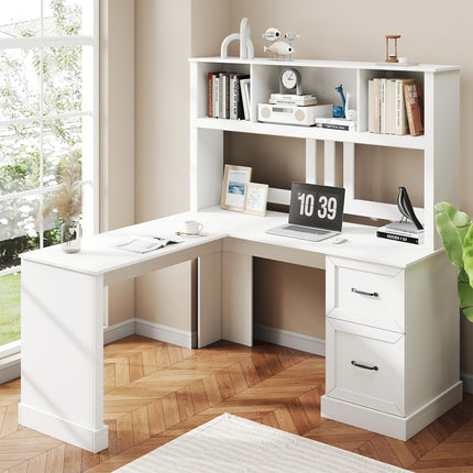 60" L Shaped Desk with Hutch and Drawers, Corner Computer Desk with Open Storage Shelves, Wooden Executive Desk for Home Office or Bedroom, Modern White