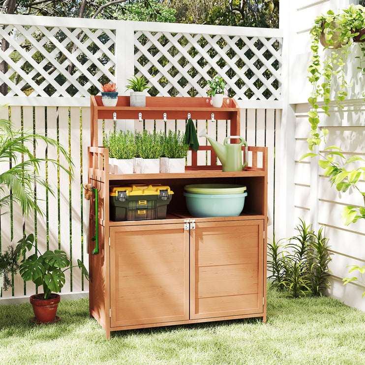 Outdoor Potting Bench Table for Outside, Solid Fir Wood Garden Horticultural Planting Workstation with Large Storage Cabinet and Top Shelf for Gardening, Patio, Backyard
