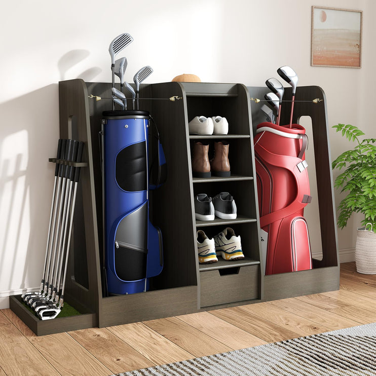 Wooden Golf Bag Organizer and Storage Rack, Golf Storage Organizer for Garage, Golf Bag storage Rack, Holds 2 Golf Bags and Other Golfing Equipment, Suitable for Garage Home Golf Club