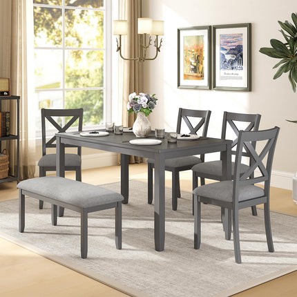 6-Piece Wooden Dining Table Set, Dining Table Set for 6, Including 1 Dining Table, 4 Upholstered Chairs and 1 Bench, Wooden Legs Dining Table, Table Set for Dining Room, Grey