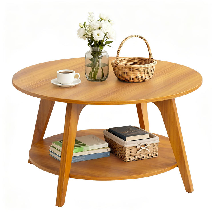 Round Coffee Table, 31.5" Small Coffee Table with Storage Shelf, 2-Tier Circle Wood Rustic Center Table, Farmhouse Style Small Coffee Tables for Living Room, Apartment, Walnut