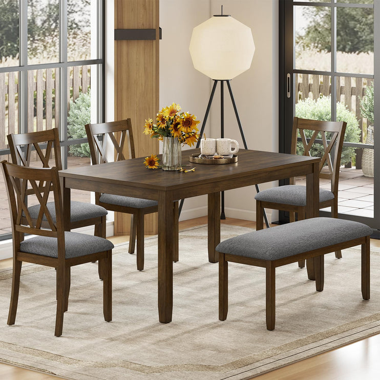 6-Piece Solid Wood Dining Table Set, Dining Table & Chair Set for 6, Including 1 Dining Table, 4 Upholstered Chairs and 1 Bench, Dining Table Set for Dining Room & Kitchen, Walnut