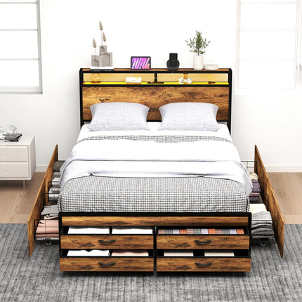 Queen Bed Frame with 8 Storage Drawers, Queen Metal Bed Frame with LED Light and Charging Station, Heavy Duty Metal Slats, No Box Spring Needed, Rustic Brown