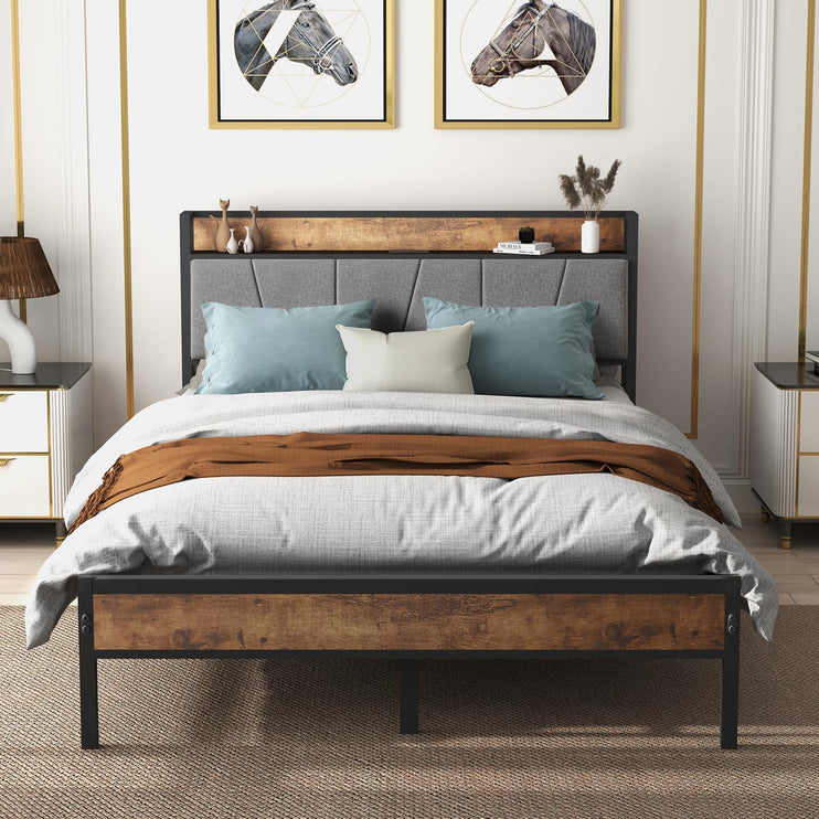 Queen Size Bed Frame with Headboard & Charging Station, Queen Upholstered Headboard with Storage Shelf, Heavy Duty Metal Platform Bed Frame, No Box Spring Needed, Easy Assembly