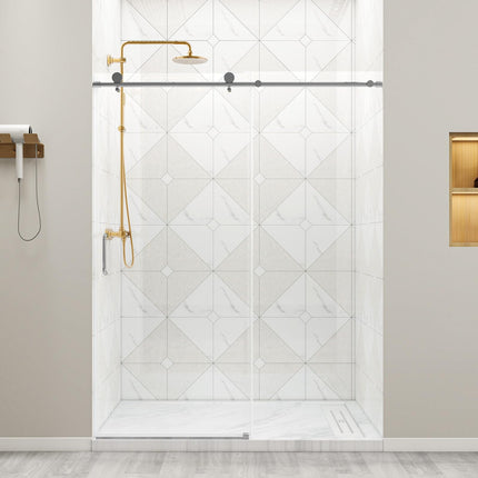 56"-60" W x 76" H Frameless Sliding Shower Door, Bathroom Sliding Door with 1/4'' Tempered Glass, Explosion-Proof Film, Silent Soft-Close Shower Door, Stainless Steel Handle, Brushed Nickel