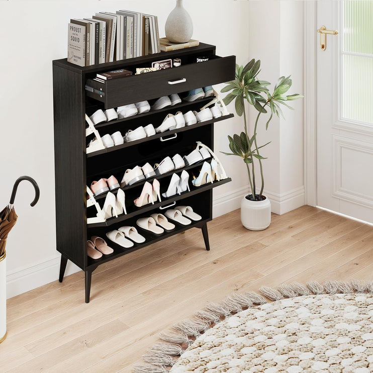 Black Shoe Cabinet with 2 Flip Drawers, Freestanding Shoe Storage Cabinet with Adjustable Shelf, Metal Legs for Entryway Hallway