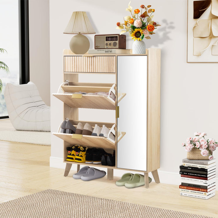 Shoe Storage Cabinet with Mirror, Flip Drawer Shoe Cabinet with Side Cabinet, Anti-Tip Design, Shoe Organizer Cabinet for Entryway, Front Door, Foyer, Hallway, Light Wood Color