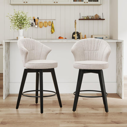 Bar Stools Set of 2, 25" Counter Height Stools, 360° Swivel Bar Stools, Stools for Kitchen Counter, Barstools Set of 2 with Wood Legs & Chenille Upholstery for Pub & Dining Room-White