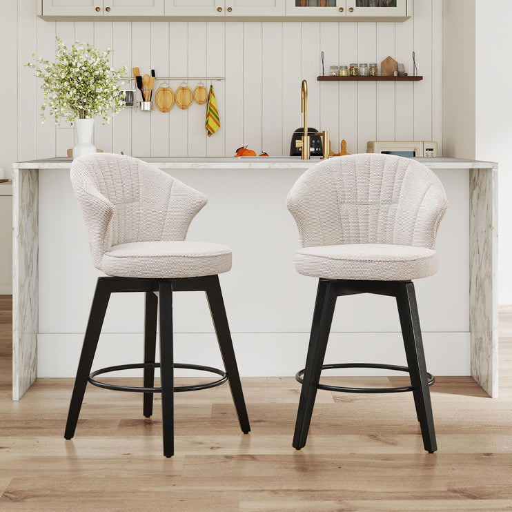 Bar Stools Set of 2, 25" Counter Height Stools, 360° Swivel Bar Stools, Stools for Kitchen Counter, Barstools Set of 2 with Wood Legs & Chenille Upholstery for Pub & Dining Room-White