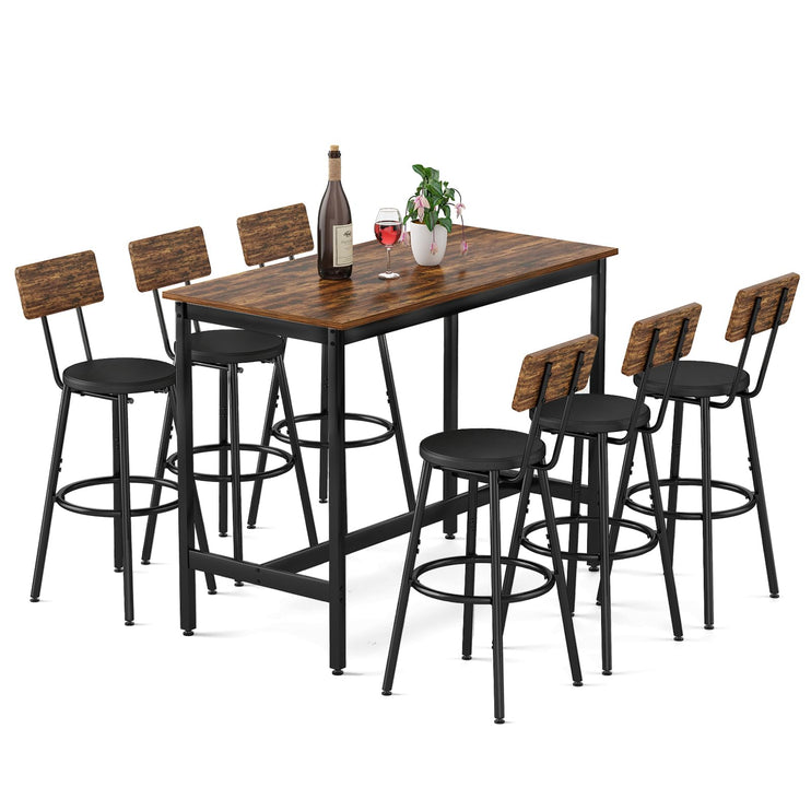 Dining Table Set for 6, 7-Piece Bar Table Set, Kitchen Table and Chairs, Counter Height High Top Table with 6 PU Upholstered Stools, Space-Saving Pub Tables Set for Small Space, Brown