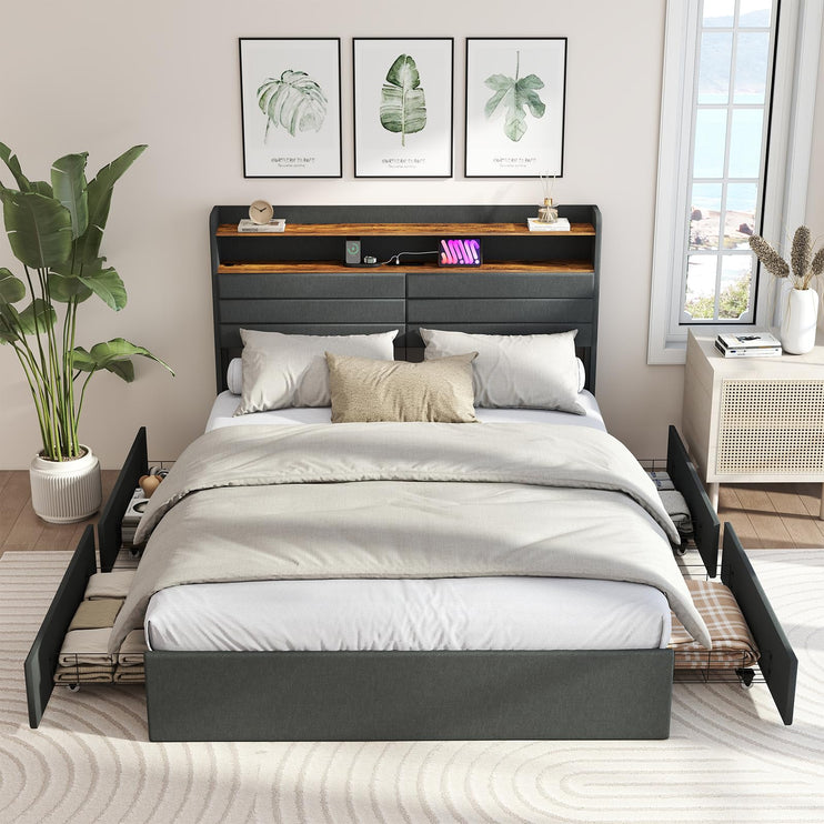 Full Bed Frame with 4 Storage Drawers, Full Size Upholstered Bed Frame with Headboard, LED, Charging Station with USB Ports & AC Outlets, Sturdy Metal Slat Support, No Noise, Dark Gray