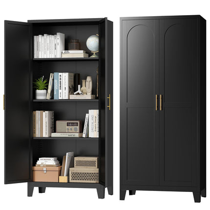 61" H Metal Kitchen Pantry Cabinet, Freestanding Cupboard with 2 Doors and 3 Adjustable Shelves, Tall Metal Storage Cabinet for Kitchen, Bathroom, Dinning Room or Laundry Room （Black）