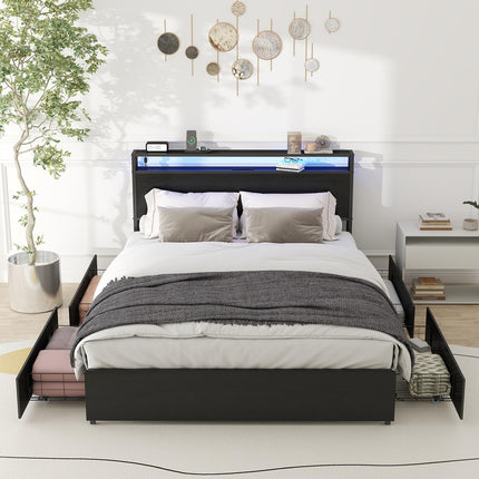 Full Bed Frame with 4 Storage Drawers, Full Size Bed Frame with Headboard, LED, Charging Station with USB Ports & AC Outlets, Sturdy Metal Slat Support, No Noise, Black