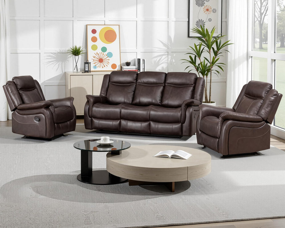 3-Piece Recliner Sofa Set, 1+2+1, 1+3+1, 1+2+3 Pieces in Living Room, Loveseat Sofa, Recliner Chair & Sofa Set with PU Leather, Cup Holders, Backrest & Angle Adjustment for Office & Home Theater, Brown Seat