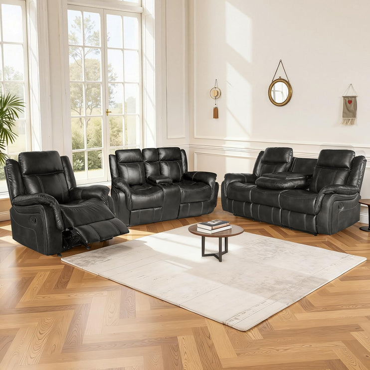 Leather Manual Recliner Sofa Set, Reclining Sofa Chair with Adjustable Angle, Living Room Furniture Sets, Includes Single Recliner Chair and Loveseat Sofa, Black