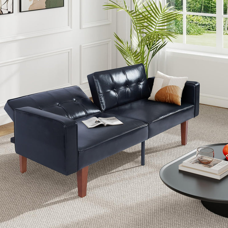 Futon Sofa Bed Futon Couch Loveseat, Convertible Recliner Lounge with Adjustable Backrest, Foam and Spring Cushions for Living Room Apartment Office, PU Leather, Glossy Black