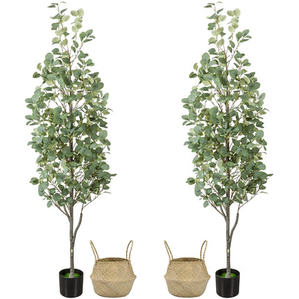 6FT Artificial Eucalyptus Tree with Wicker Basket & Black Pot, Indoor Green Faux Eucalyptus Trees, Fake Eucalyptus Plants with Lifelike Leaves & Natural Trunk for Home Office Bedroom, 2 Pack