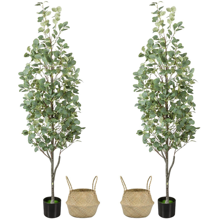 6FT Artificial Eucalyptus Tree with Wicker Basket & Black Pot, Indoor Green Faux Eucalyptus Trees, Fake Eucalyptus Plants with Lifelike Leaves & Natural Trunk for Home Office Bedroom, 2 Pack