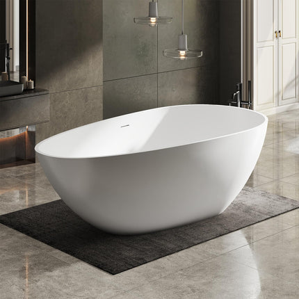 63 Inch Stone Resin Freestanding Bathtub, Modern Oval Soaking Bathtubs Tubs, Contemporary Solid Surface Bathtubs with Overflow and Pop-up Drain, Matte White