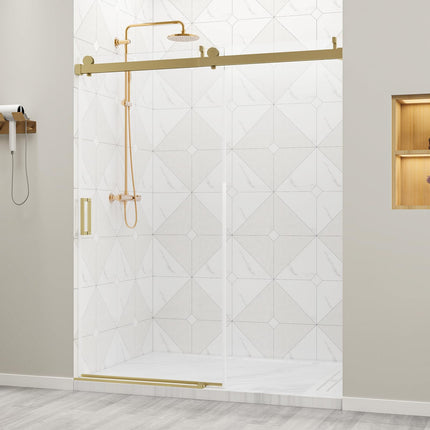 56"-60" W x 76" H Frameless Shower Door, Sliding Shower Door with 1/4" (6mm) Clear Tempered Glass, Silent Soft-Close Shatterproof Shower Doors, Reversible Installation, Aluminum, Gold