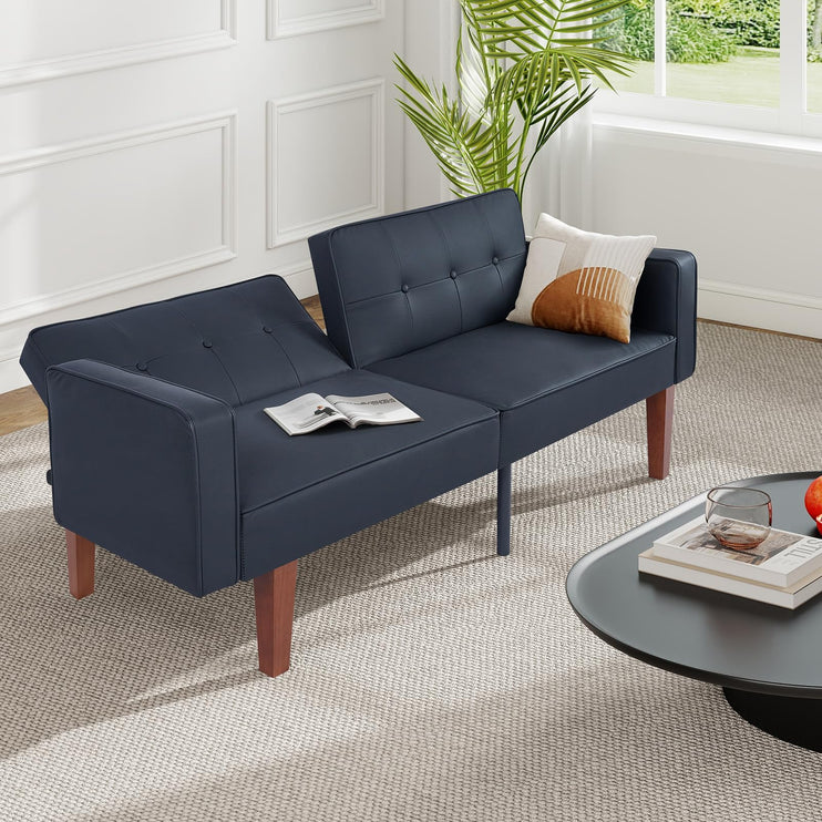 Futon Sofa Bed Futon Couch Loveseat, Convertible Recliner Lounge with Adjustable Backrest, Foam and Spring Cushions for Living Room Apartment Office, PU Leather, Matte Black