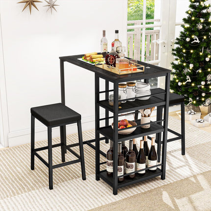 3 Pieces Pub Dining Table Set, Dining Table Set for 2, Counter Height Dining Set, Black Kitchen Bar Table, with 3 Storage Shelf & 2 H-Shaped Frame Support PU Stools for Bar, Kitchen-Black