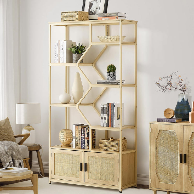 7 Tier Tall Rattan Bookshelf - Modern Open Display Book Shelf & Bottom Cabinet with Door for CDs/Movies/Books, Large Wood Book Case Storage Organizer for Bedroom Home Office Living Room