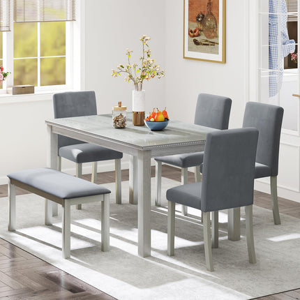 6-Piece Solid Wood Dining Table Set, Including 1 Dining Table, 4 Upholstered Chairs and 1 Bench, Wooden Dining Table Set with Crystal Decoration for Kitchen, Dining Room, Silver Grey