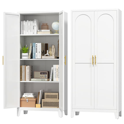 61" H Metal Kitchen Pantry Cabinet, Freestanding Cupboard with 2 Doors and 3 Adjustable Shelves, Tall Metal Storage Cabinet for Kitchen, Bathroom, Dinning Room or Laundry Room （White）
