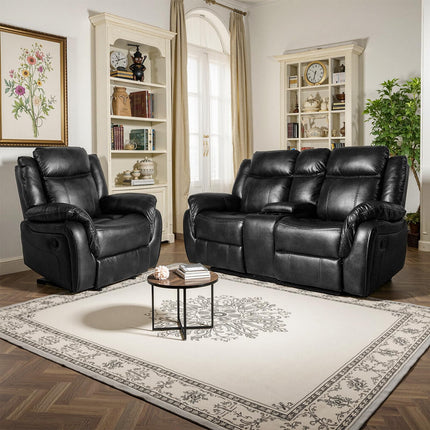 Leather Manual Recliner Sofa Set, Reclining Sofa Chair with Adjustable Angle, Living Room Furniture Sets, Includes Single Recliner Chair and Loveseat Sofa, Black