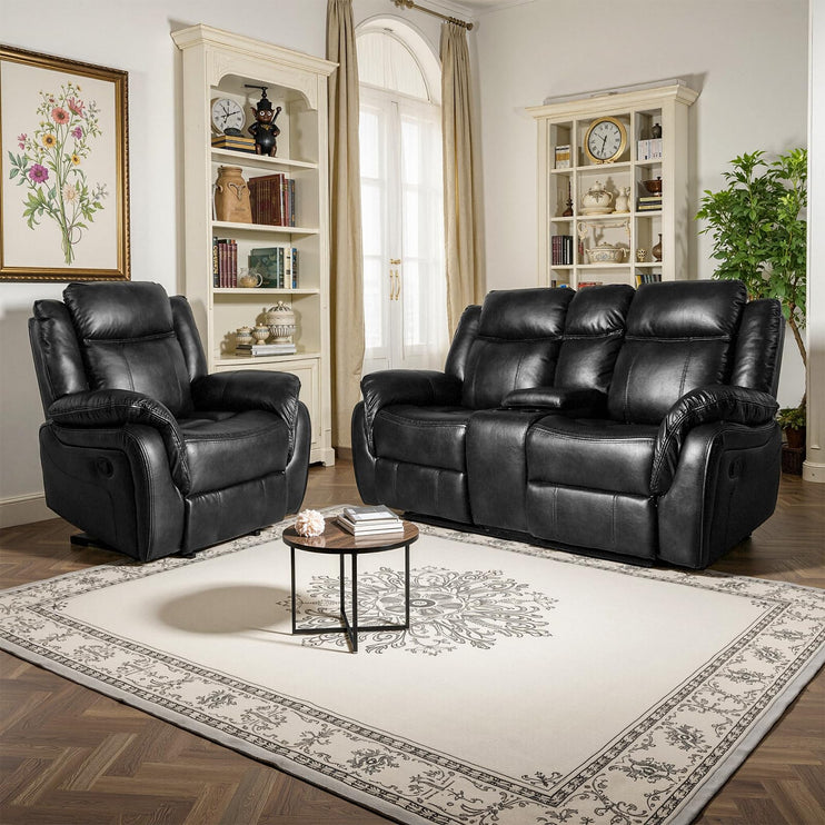 Leather Manual Recliner Sofa Set, Reclining Sofa Chair with Adjustable Angle, Living Room Furniture Sets, Includes Single Recliner Chair and Loveseat Sofa, Black