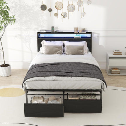 Full Bed Frame with 2 Storage Drawers, Bed Frame Full Size with Headboard, LED Light, Charging Station with 2 USB Ports & 2 AC Ports, Noiseless, Black
