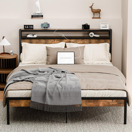 Queen Size Bed Frame with Headboard, Headboard with Charging Station, 2 USB Port & 2 AC Power Outlet, Queen Metal Platfrom Bed Frames No Box Spring Needed, Sturdy & Assembly, Brown