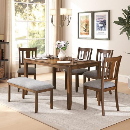 6-Piece Wooden Dining Set, Dining Table & Chair Set for 6, Includes Dining Table, 4 Upholstered Chairs & 1 Bench, Dining Table with Wood Legs, Table Set for Dining Room, Kitchen, Walnut