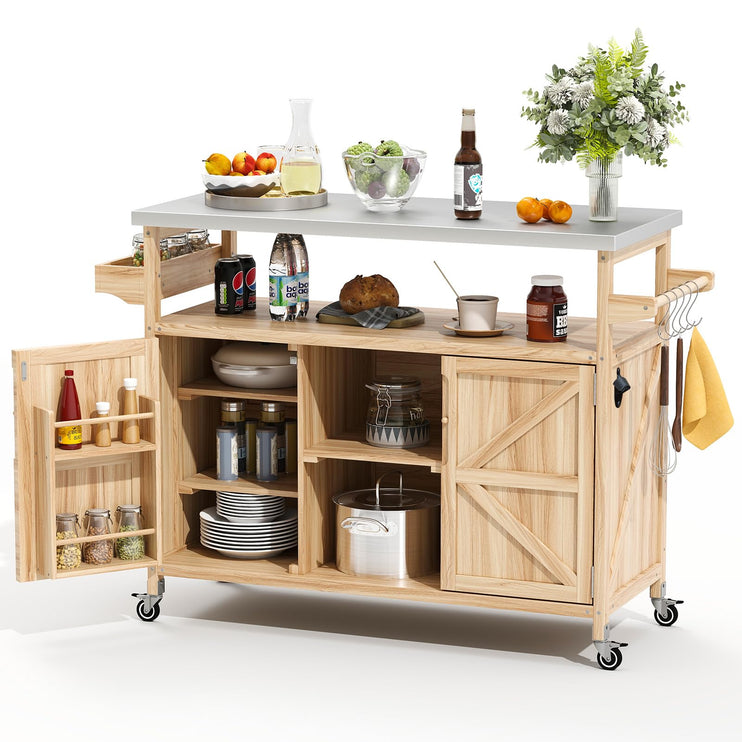 Outdoor Grill Cart with Storage, Stainless Steel Tabletop Outdoor Kitchen Island, Solid Wood Outdoor Buffet Cabinet with Wheels for Grilling, Light Wood Color