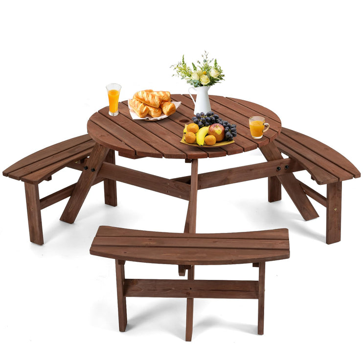 6 Person Wood Picnic Table, Round Tabletop with Umbrella Hole, 3 Built-in Curved Benches, 1720LBS Total Capacity for Patios, Backyard, Brown