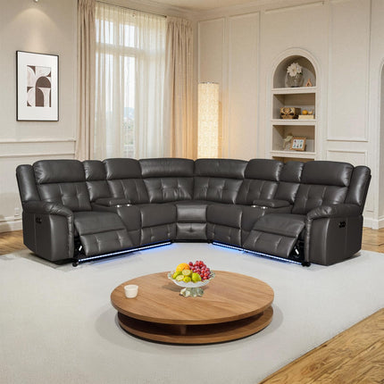 Power Leather Reclining Sofa with LED, Leather Couch with USB Port & Cup Holder/Storage Console for Living Room, Modern Power Recliner Sofa Sets with 2 Recliner Sectional, Brown