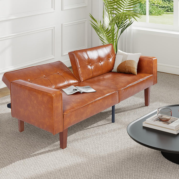 Futon Sofa Bed Futon Couch Loveseat, Convertible Recliner Lounge with Adjustable Backrest, Foam and Spring Cushions for Living Room Apartment Office, PU Leather, Brown