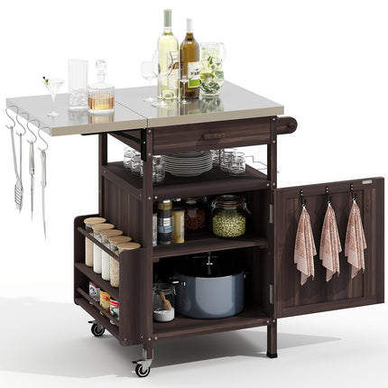 Outdoor Grill Cart with Drop Leaf, Stainless Steel Tabletop Outdoor Kitchen Island, Solid Wood Outdoor Buffet Cabinet with Drawer, Towel Rack, Lockable Wheels for Grilling, Brown/Light Wood Color/Gray-blue