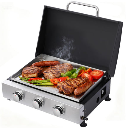 3 Burner Portable Propane Grill, Tabletop Gas Grill with Stainless Steel Grill Tray, Regulator, 28,680 BTU Gas Griddle Flat Top Grill for Patio, Garden Barbecues, Camping
