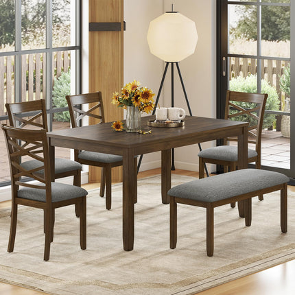 6-Piece Solid Wood Dining Table Set, Includes 1 Dining Table, 4 Upholstered Chairs and 1 Bench, Wooden Legs Dining Table Set for Dining Room, Kitchen, Restaurant, Walnut