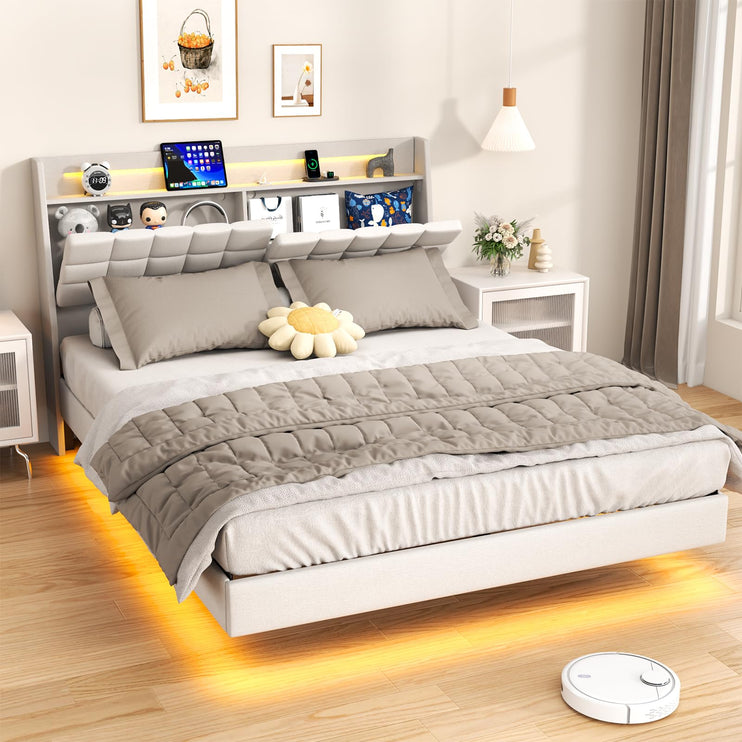 Floating Queen Bed Frame with Storage, Upholstered Platform Bed Frame Queen with LED Lights, Floating Bed Frame with Headboard, Charging Station with USB Ports, Noiseless, White