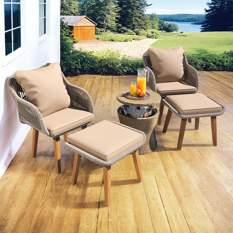5 Piece Rope Patio Furniture Set, All-Weather Conversation Sets for Backyard with Handwoven Armchairs, Ottomans, Pop-Up Cool Bar Wicker Table, Beige