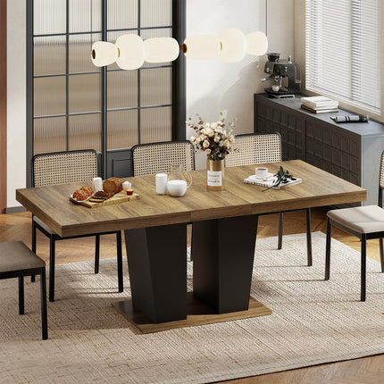 63"-78.7" Expandable Dining Table, 6-10 Rectangle Table, Extendable Console Table, Wooden Farmhouse Kitchen Table with Metal Track & Dual Column Base for Living, Office-Brown